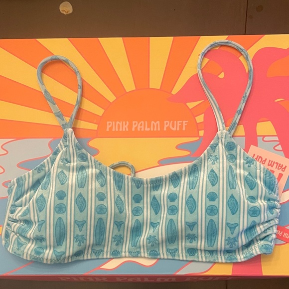 Pink Palm Puff Blue Patterned Bikini Top - Picture 1 of 5